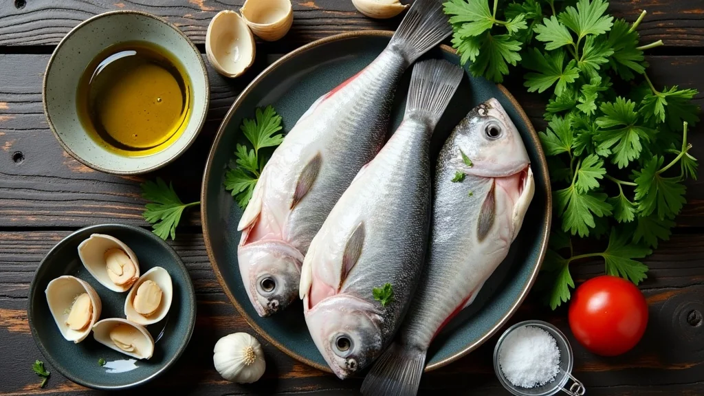 Ingredientes frescos para preparar merluza en salsa verde de la abuela tradicional: lomos de merluza, almejas frescas, ajo, perejil, vino blanco seco y caldo de pescado