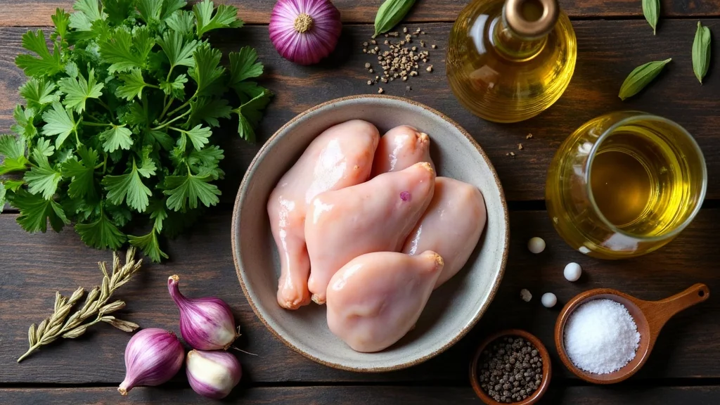 Ingredientes frescos para preparar pollo al ajillo de la abuela tradicional: pollo de corral, ajos morados, vino blanco seco y AOVE
